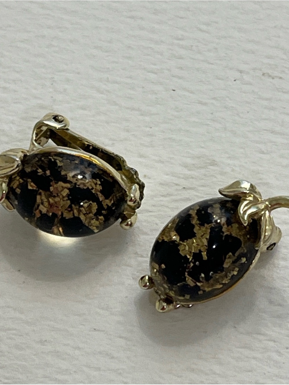 Gold Flake Black confetti  Resin Oval Clip-On Earrings vintage